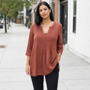 Signature Rust Pintuck Tunic Blouse | Boho V-Neck 3/4 Sleeve Top